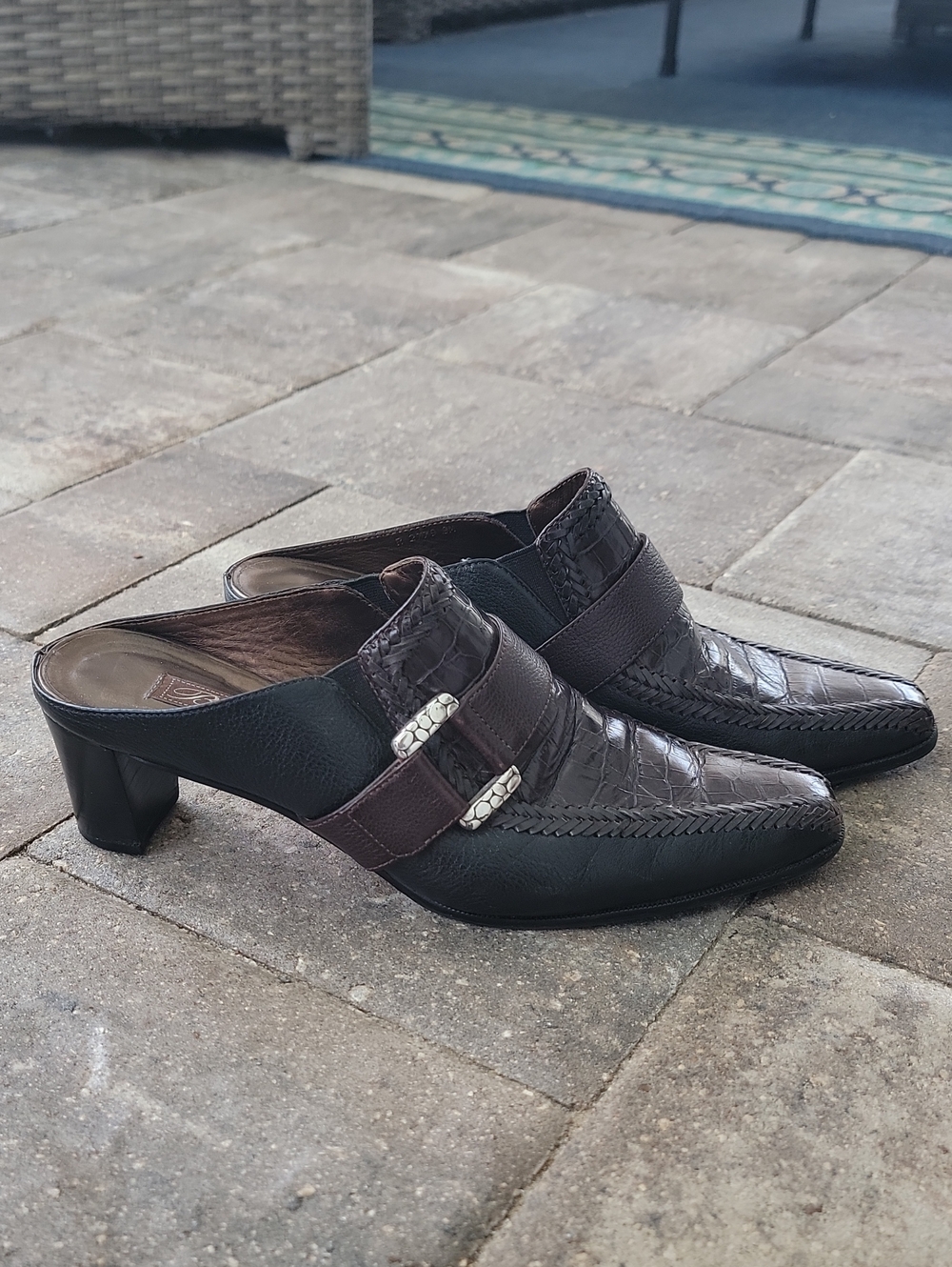 Vintage 90's Brighton Triad Mules Clogs Sz 9 Buckle Accent Brown & Black Leather - Picture 4 of 13